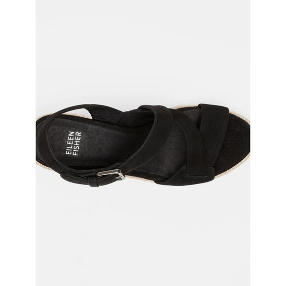 Eileen Fisher Classic Black Beckon Tumbled Nubuck Espadrille Wedge sandal sz 8.5 - Picture 2 of 9